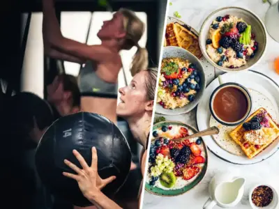 Collage: Athletin mit Wall Ball beim HYROX Training und ein Frühstückstisch mit Haferbrei, Beeren und Waffeln für die Ernährung bei HYROX