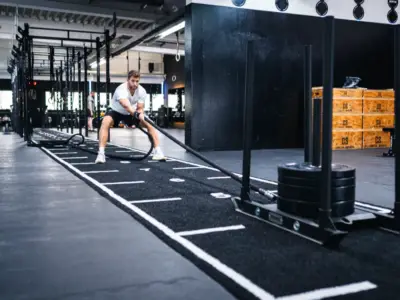 Sled Pull mit Seil auf der Teppichbahn im Hyrox Training bei Aorta in Berlin-Tempelhof